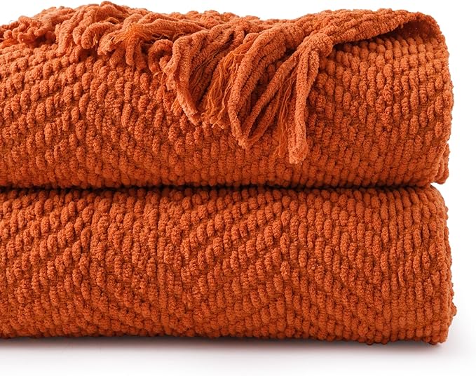 BATTILO HOME Burnt Orange Throw Blanket for Couch, Knit Fall Decor Blanket Versatile for Chair, Decorative Halloween Blanket with Tassels for Bed, 60" x 80"