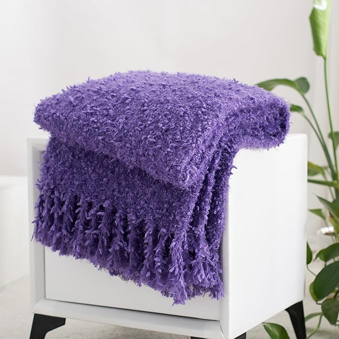 Winter Knit Throw Blanket Fluffy Fuzzy Soft Lightweight Cozy Farmhouse Tassels Chunky Knitted Throws for Couch Sofa Bed (Purple, 60"x80")