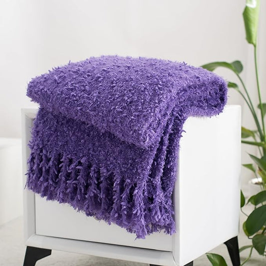 Winter Knit Throw Blanket Fluffy Fuzzy Soft Lightweight Cozy Farmhouse Tassels Chunky Knitted Throws for Couch Sofa Bed (Purple, 60"x80")