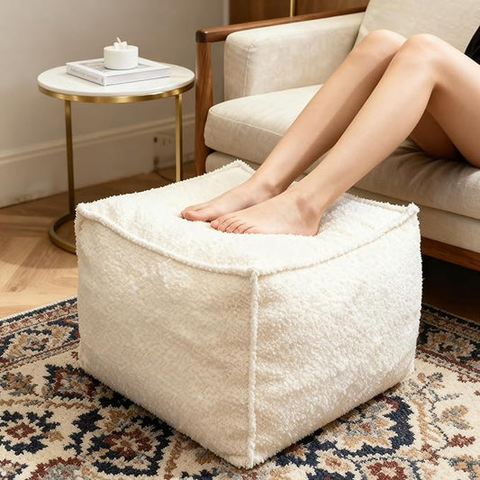 Square Boucle Pouf Ottoman Footrest – Soft & Lightweight Footstool with Foam Filling for Living Room & Bedroom, Laid-Back Lounge Style