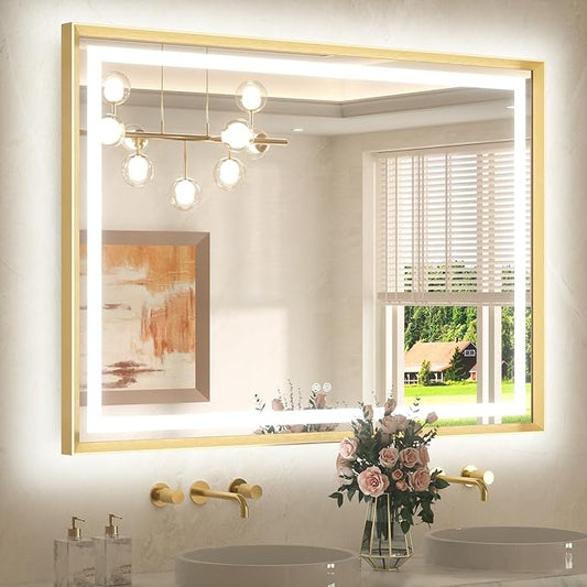 TETOTE 48 x 36 Bathroom LED Mirror Brushed Gold Metal Frame Frontlit & Backlit Stepless Dimmable Anti-Fog 3 Colors White/Warm/Natural Light up Vanity Mirror Wall-Mounted