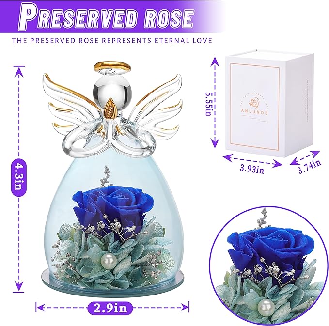 ANLUNOB Preserved Rose Birthday Gifts for Women Mom Grandma Wife, Glass Angel Figurines Gifts with Pretty Dark Blue Flowers for Anniversary Wedding