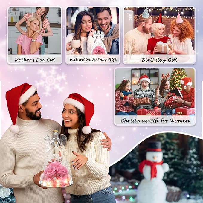 Christmas Angel Gifts for Women Gift for Mom,Preserved Real Rose in Glass Angel Figurines with Angel Necklace,Preserved Flower Birthday Gifts for Women Mom Wife Girlfriend for Thanksgiving Xmas Gift