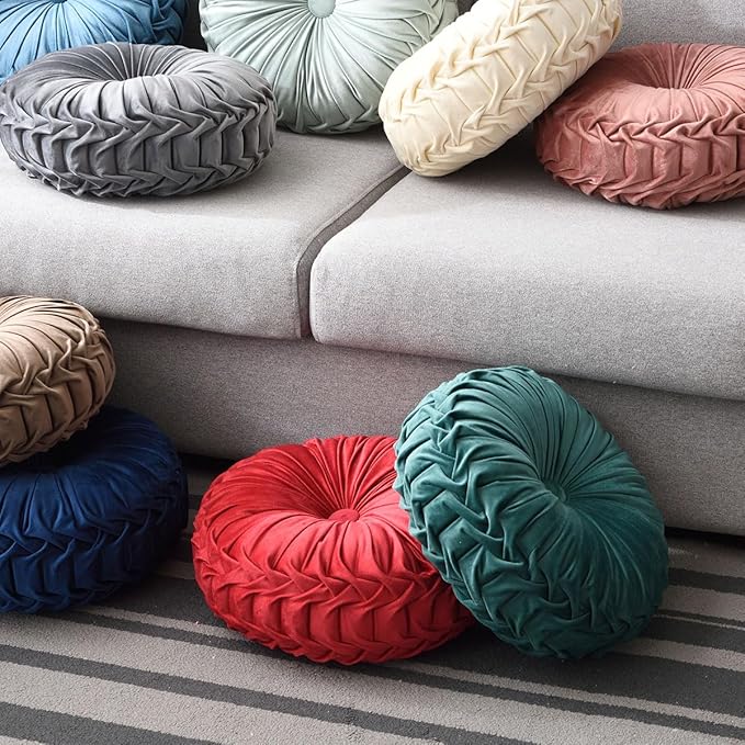 1 Pcs Round Throw Pillow Velvet Home Decoration Pleated 3D Pumpkin Pillow Cushion for Couch Chair Bed Car 14.17" (Haze Blue)