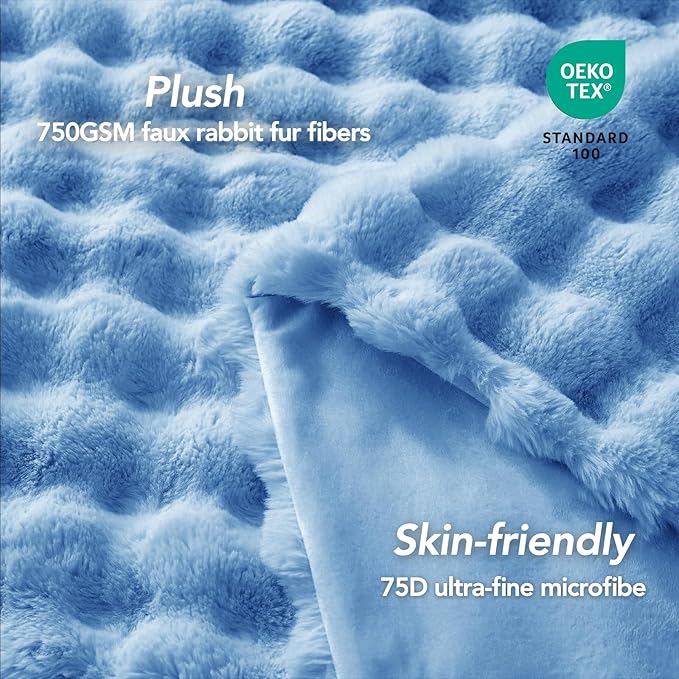 L'AGRATY Faux Fur Throw Blanket: 60" x 80" Luxury Soft Fluffy Rabbit Fur Blankets Twin for Couch Bed Sofa - Cozy Plush Bubble Blankets for Winter: Flannel Fleece Decorative Blanket(Airy Blue)
