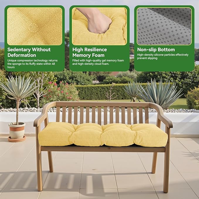 Waterproof Bench Cushion 36 Inch - Oliven Fabric, High-Density Foam, Non-Slip Bottom, Soft Durable Outdoor Tufted Long Seat Cushion for Window Garden Furniture (Yellow, 36x14x4 Inch)