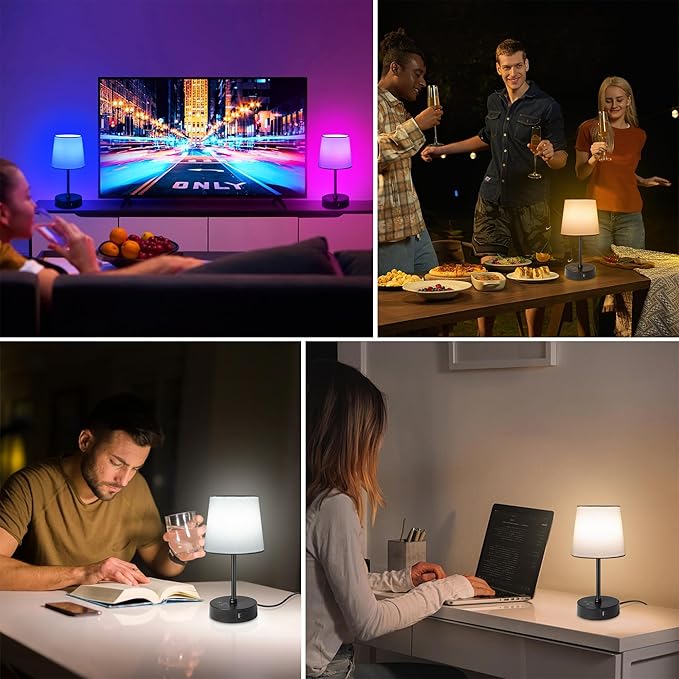 Ascher Small Bedside Table lamp, RGB Color Changing Lamps, 3 Color Temperatures, Dimmable Nightstand Lamp with USB C+A Ports, Touch Desk Lamp for Bedroom Living Room, H11.4in(White Shade)