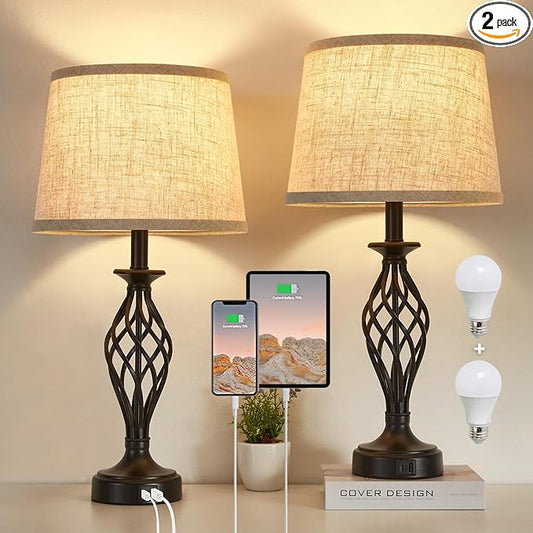 Table Lamp for Bedroom Set of 2 with USB C+A Ports, Modern Bedside Lamps with Spiral Cage Base, Fabric Shade, Nightstand Lamp for Living Room Reading Bed Side End Table, 2 LED Bulbs Included Black