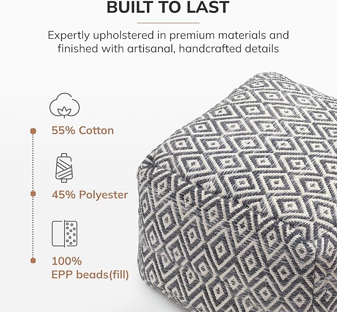 Anji Mountain 100% Handmade & Handcrafted Comfortable Home Décor Pouf Ottoman Footrest for Living Room, Bedroom, Nursery, Kidsroom, Patio Furniture - (22" x 22" x 16" - Charcoal)