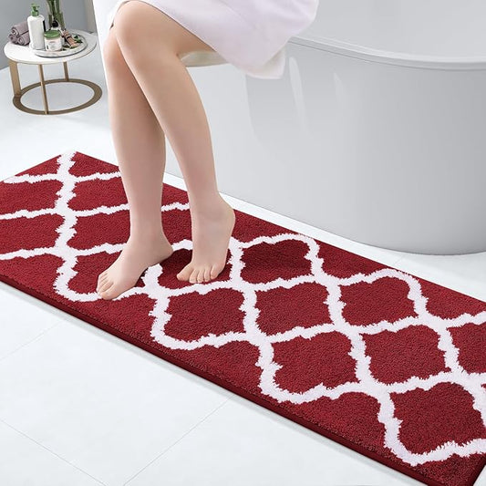 OLANLY Bathroom Rugs 47x17, Soft and Absorbent Microfiber Bath Rugs, Non-Slip Shaggy Shower Carpet, Machine Wash Dry, Bath Mats for Bathroom Floor, Tub and Shower, Burgundy