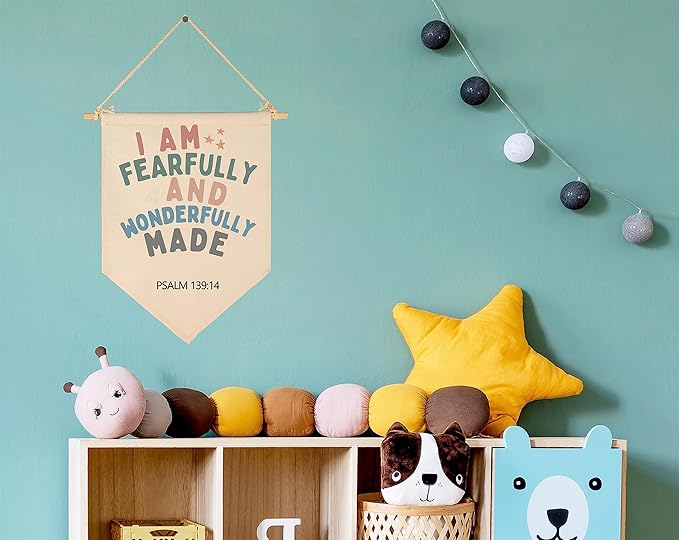 Christian Bible Verses Art-Scripture Flag Sign Gift for Baby Newborn Boys Girls Kids-Banner Wall Decor Gift for Nursery Bedroom Playroom Front Door-Baby Gift Shower-I Am Fearfully