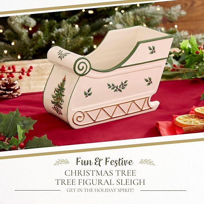 Spode Christmas Tree Figural Sleigh, 7.5" Dolomite Decorative Holiday Sleigh for Christmas Table Decor, Candy Holder, Snack Dish - Holiday Serveware & Festive Decorations