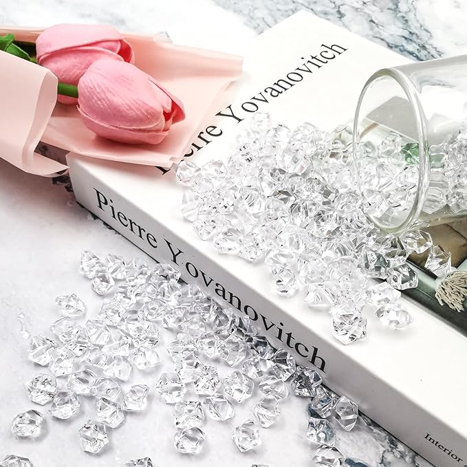 Fake Ice Cubes 600 PCS Clear Acrylic Rocks Vase Fillers for Centerpieces, 11 X 14 mm Crystal Gems Stones for Table Scatter,Home Decoration