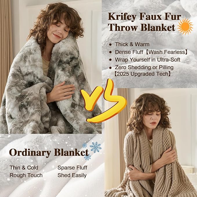Krifey Grey Faux Fur Blanket King Size for Bed, 3D Marble Texture Soft Cozy Fuzzy Plush Thick Warm Blanket, Luxury Christmas Birthday Gifts for Women Mom Men, Room Decor, Marbled Grey, 108x90in