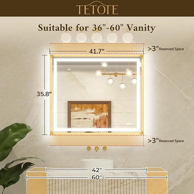 TETOTE 42 x 36 Led Mirror Brushed Black Metal Frame Frontlit & Backlit Vanity Mirror Anti-Fog Stepless Dimmable 3 Colors White/Warm/Natural Wall Mirror with Lights Wall-Mounted