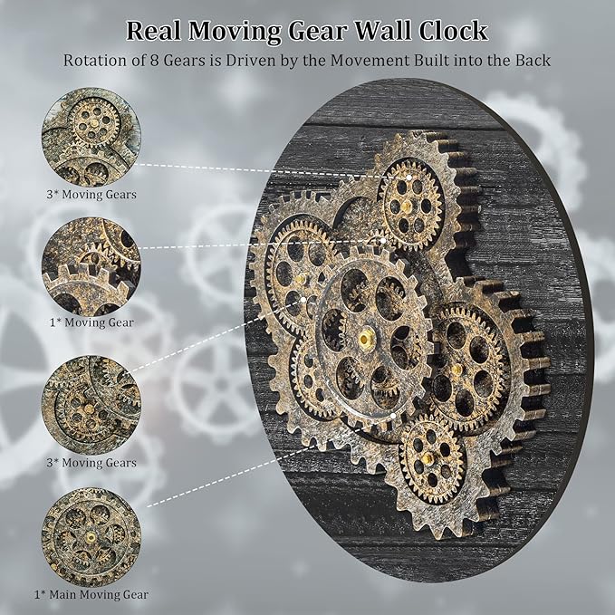 Large Wall Clock, Wall Clocks for Living Room Decor 20 Inch Farmhouse Vintage Rustic Kitchen Wall Decor Vintage Roman Oversized Wall Clock for Home Bedroom House Office, Moving Gears Clock