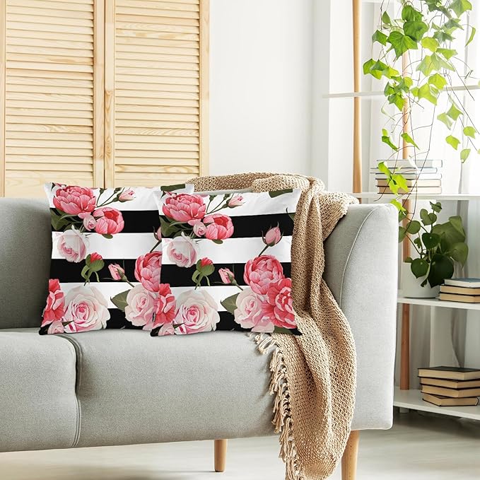 Swono Peony Roses Pillow Covers, Blossom Rose Peony Pink Decorative Pillow Case Home Sofa Cushion Set, Black White Stripes Pillow Cushion Cases for Bed/Patio/Garden/Balcony, 2-Pack, 18x18 Inch