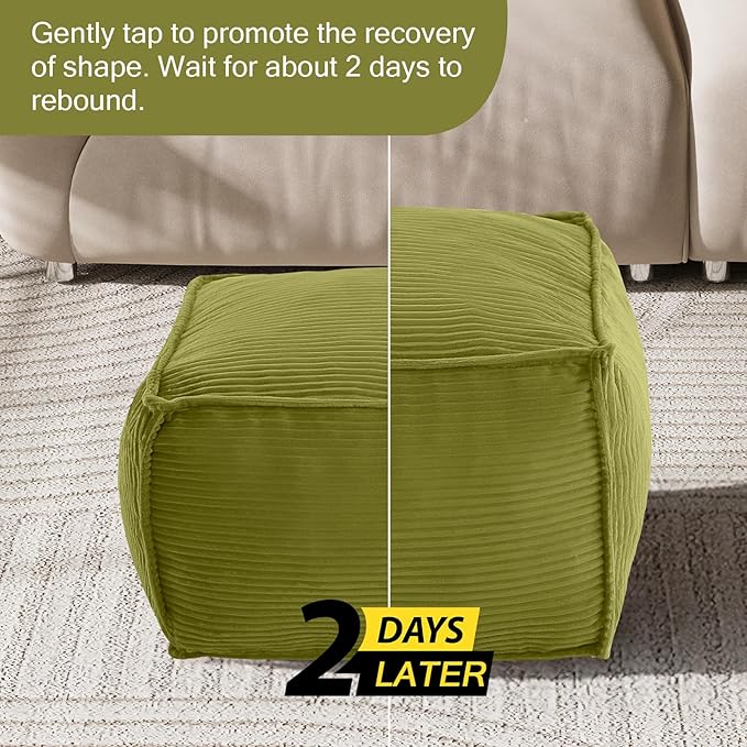 MeMoreCool Square Stuffed Pouf Ottoman Foot Rest, Corduroy Floor Pouf Foot Stool with Foam Chunk Filling, Soft Stuffed Ottoman Footrest for Living Room, Green
