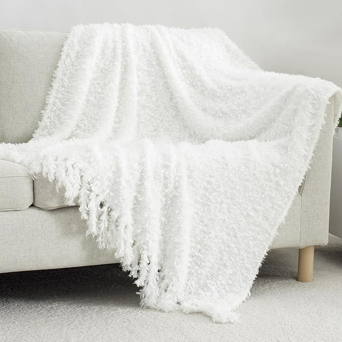 Winter Knit Throw Blanket Fluffy Fuzzy Soft Lightweight Cozy Farmhouse Tassels Chunky Knitted Throws for Couch Sofa Bed (White, 50"x60")