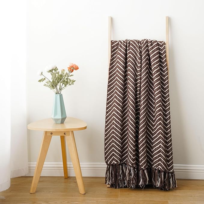 BATTILO HOME Chocolate Brown Throw Blanket for Couch, Decorative Knit Dark Brown Blanket for Bed, Super Soft Warm Throw for Fall Winter Accent Decor, 50''x60'', Chocolate/Cream