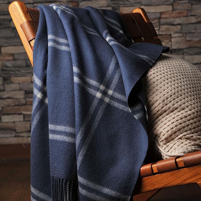CUDDLE DREAMS Premium Cashmere Throw Blanket with Fringe, Luxuriously Soft (Plaid Blue)