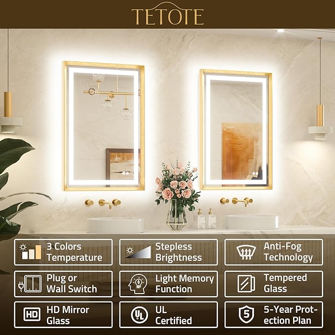 TETOTE 28 x 36 Bathroom LED Mirror Brushed Gold Metal Frame Frontlit & Backlit Vanity Mirror Anti-Fog Stepless Dimmable 3 Colors White/Warm/Natural with Lights Wall-Mounted