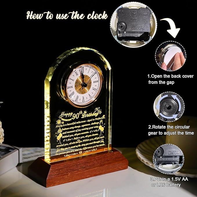 Happy 90th Birthday Glass Clock Gifts for Women, Men - 90 Year Old Birthday Gift with Wooden Light Base for Her Him, Turning 90 Quartz Clock Gift Idea for Mom Dad Unique Decoration