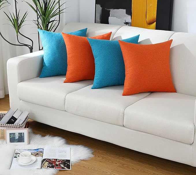 Jeneoo Decorative Turquoise Blue Throw Pillow Covers Rustic Farmhouse Square Chenille Soft Comfy Kids' Cushion Couch Cases for Sofa Living Room (Set of 2, 14 x 14 Inches)