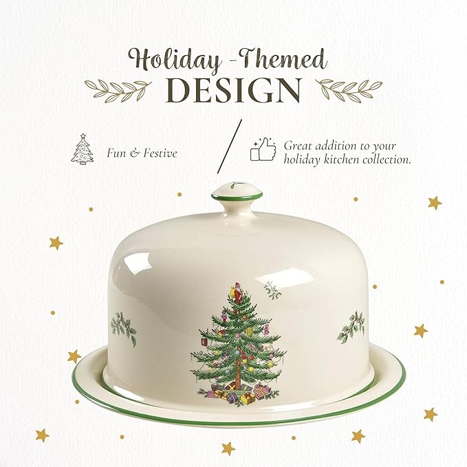 Spode Christmas Tree 2 Piece Serving Platter with Dome Set - Ceramic Holiday Serving Tray for Cakes, Desserts, Side Dishes - Microwave, Oven, Dishwasher Safe Christmas Serveware