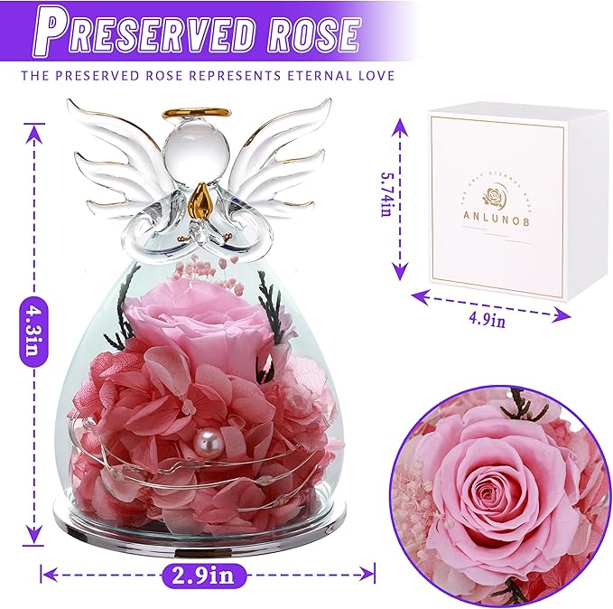 ANLUNOB Preserved Flowers Rose Birthday Gifts for Women, Angels with Pretty Pink Roses for Wedding