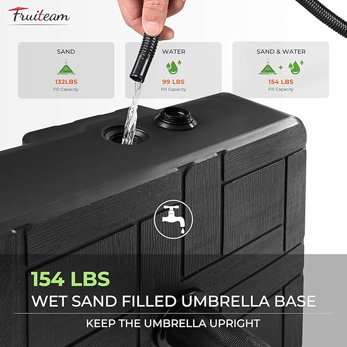 FRUITEAM 155lb Capacity Fillable Portable Umbrella Base with Wheels,Patio Umbrella Base Heavy Duty, Square Market Stand for Patio,Outdoor,Deck w/ 4 Wheels, 2 Locks, 1 Knobs, Wind-Resistant Design