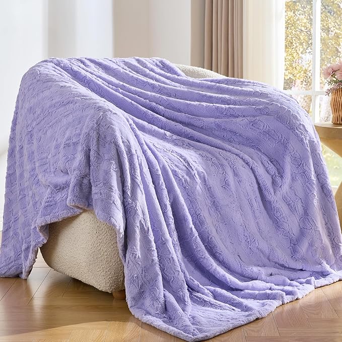 Krifey Faux Fur Throw Blanket for Couch, 3D Marble Texture Soft Throws, Cozy Fuzzy Plush Thick Warm Blanket, Christmas Birthday Gifts for her Girls Women Mom, Light Purple, 50x60in