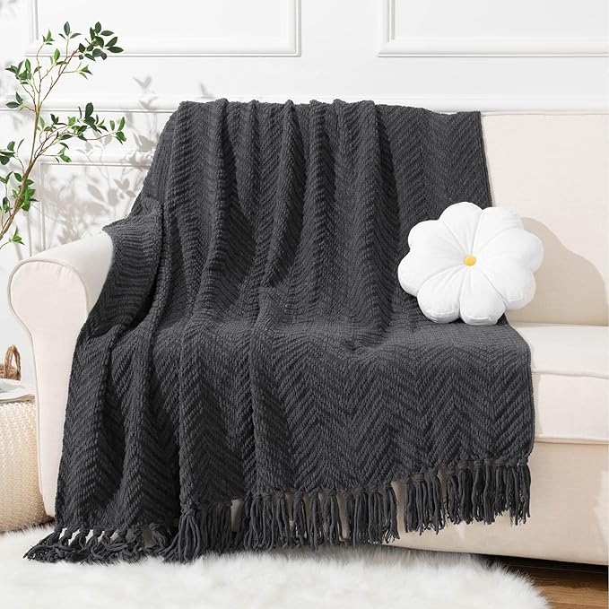BATTILO HOME Dark Grey Throw Blanket for Couch, Knit Charcoal Throw Blanket Versatile for Chair, 50 x 60 Inch - Super Soft Warm Grey Blanket with Tassels for Bed, Sofa and Living Room