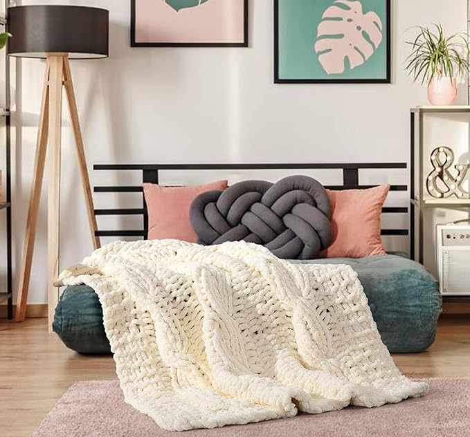 Chunky Knit Blanket Throw - 100% Hand Knitted Chunky Soft Throw Blanket for Couch, Thick and Warm Blanket for Winter, White, 50x60 Inches