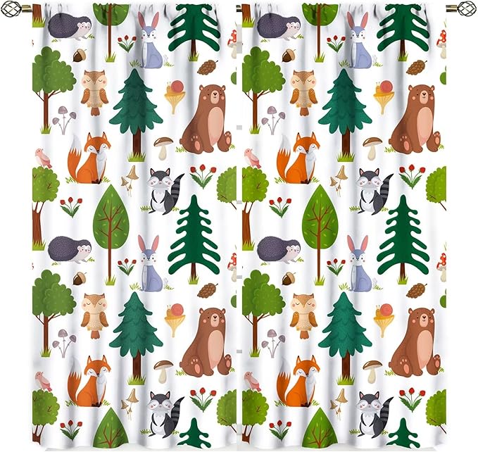 Kids Forest Animals Curtains Woodland Children's Cute Cartoon Funny Nursery Jungle Safari Leaves Nature 2 Panels Window Treatment Set for Living Room Decor 42X63 Inches