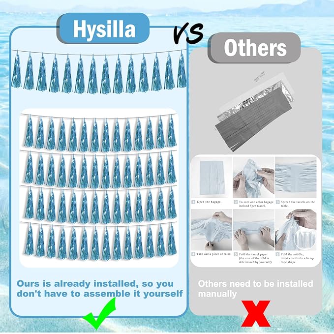 3P Light Blue Foil Fringe Metallic Tassel Streamers Banner Tassel Garland for Parade Floats, Bachelorette, Wedding, Birthday, Halloween, Christmas, Bridal/Baby Shower Party Decorations