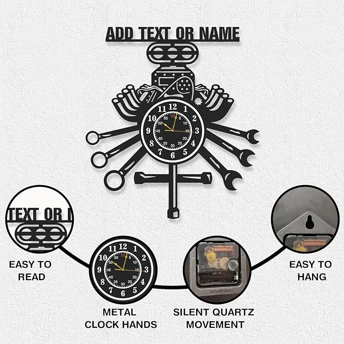 Personalized Garage Wall Clock, Repair Mechanic Tools Decorative Wall Clocks, Silent, Battery Operated, Garage Decor, Custom Name Shop Clocks for Workshop Man Cave, Gifts for Men Color06