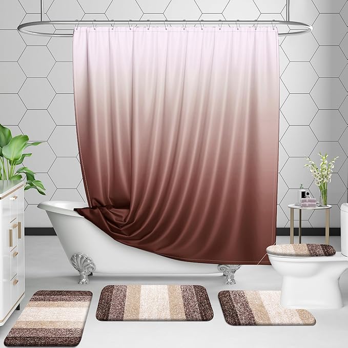 OLANLY Bathroom Rugs Sets 4 Piece, Soft Microfiber Absorbent Bath Mat, U-Shaped Contour Toilet Mat and Toilet Lid Cover, Quick Dry, Machine Washable, Toilet Cover and Rug Set for Bathroom, Brown