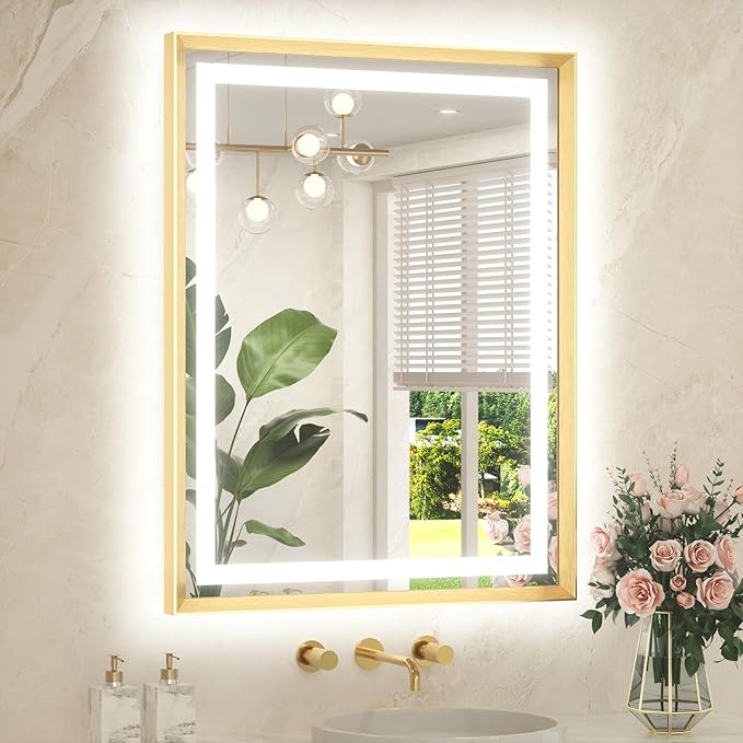 TETOTE 28 x 36 Bathroom LED Mirror Brushed Gold Metal Frame Frontlit & Backlit Vanity Mirror Anti-Fog Stepless Dimmable 3 Colors White/Warm/Natural with Lights Wall-Mounted