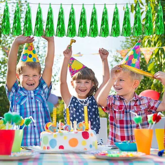 3P Green Foil Fringe Metallic Tassel Streamers Banner Tassel Garland for Parade Floats, Bachelorette, Wedding, Birthday, Halloween, Christmas, Bridal/Baby Shower Party Decorations