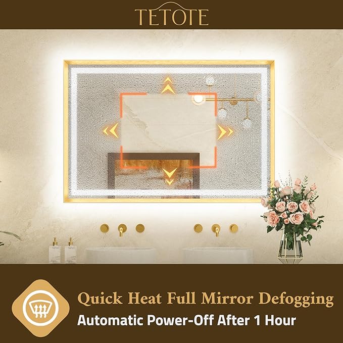 TETOTE 24 x 36 Bathroom LED Mirror Brushed Gold Metal Frame Frontlit & Backlit Anti-Fog Stepless Dimmable 3 Colors White/Warm/Natural Mirror with Lights Wall-Mounted