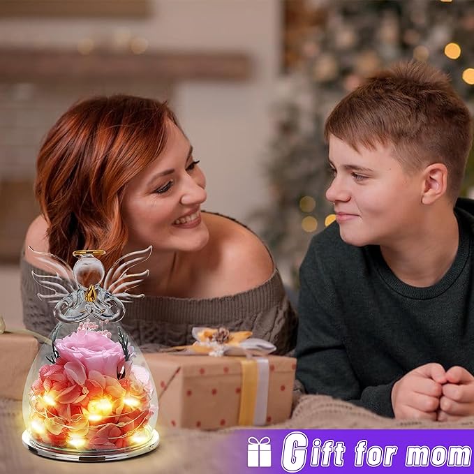 ANLUNOB Preserved Flowers Rose Birthday Gifts for Women, Angels with Pretty Pink Roses for Wedding