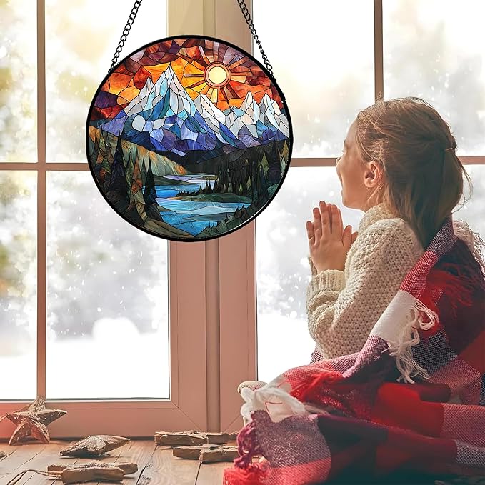 Stained Glass Window Hanging - Colorful Mountain Lake Landscape Sun Catcher for Door Garden Home Decor Suncatcher Christmas Mother's Day Birthday Gifts for Women Men Mom Nana 6.3 in