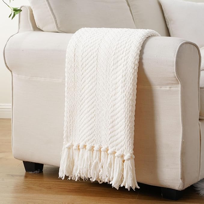 BATTILO HOME Cream Throw Blanket for Couch, Textured Knitted Throw Blanket with Tassels, Couch Cover Blanket Warm Decorative White Throw Blankets for Sofa Living Room, 60" x 80"