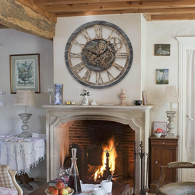 Large Wall Clock, Wall Clocks for Living Room Decor 20 Inch Farmhouse Vintage Rustic Kitchen Wall Decor Vintage Roman Oversized Wall Clock for Home Bedroom House Office, Moving Gears Clock