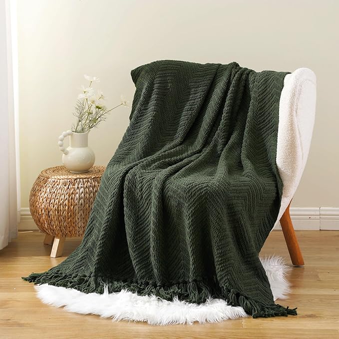 BATTILO HOME Olive Green Chenille Throw Blanket for Bed, Knit Throw Blanket,Super Soft Warm Home Decor Throw Blanket with Tassels for Couch,Sofa and Living Room,50" x 60"