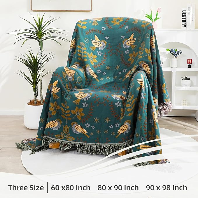 Boho Throw Blanket, 100% Organic Cotton Breathable Ultra Soft 80" x 90" Bed Quilt Throw - Floral Rustic Bird Farmhouse Decor Luxury Reversible Blanket for Sofa Couch Chair and Gift,Teal/Beige