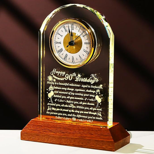 Happy 90th Birthday Glass Clock Gifts for Women, Men - 90 Year Old Birthday Gift with Wooden Light Base for Her Him, Turning 90 Quartz Clock Gift Idea for Mom Dad Unique Decoration