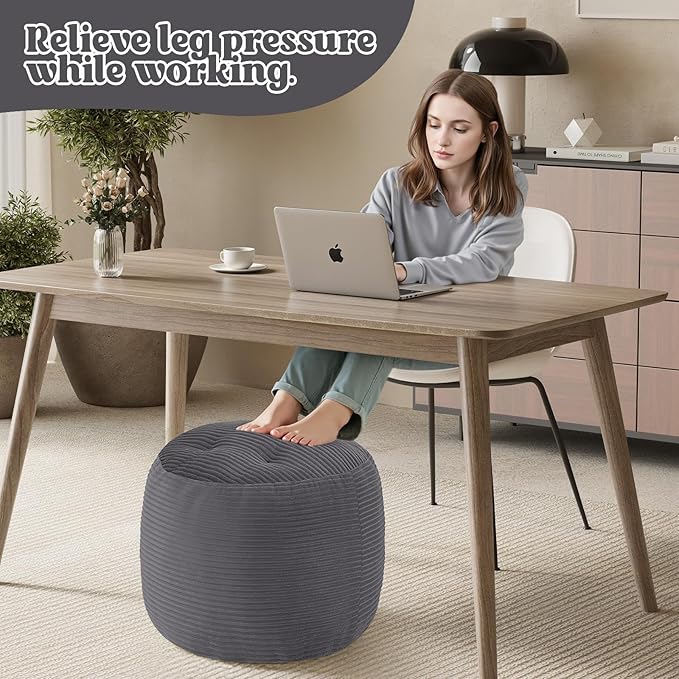 MeMoreCool Stuffed Round Pouf Ottoman Foot Rest, Floor Pouf Foot Stool with Soft Foam Chunk Filling, Round Small Ottoman Footstool Circle Footrest for Couch Living Room, Corduroy Grey