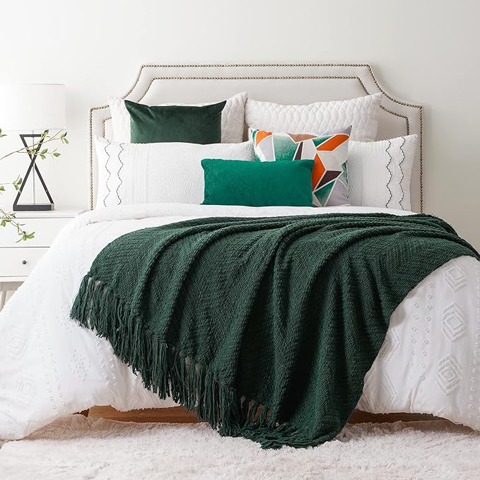 BATTILO HOME Forest Green Throw Blanket for Couch, Knit Christmas Throw Blanket Versatile for Chair, Super Soft Warm Green Christmas Blanket with Tassels for Bed, Sofa and Living Room, 60" x 80"